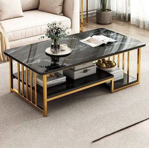 Modern White Marble Finish Coffee <b>Table</b> with <b>Gold</b> Metal Frame and Storage Shelf Rectangular Living Room Center <b>Table</b> - Product Image 1