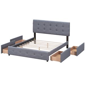 Cama Clásica Queen-Size Tapizada en Tela Gris Oscuro con Plataforma, 4 Cajones, No Requiere Base de Somier, con Cabecera Elegante - Product Image 6