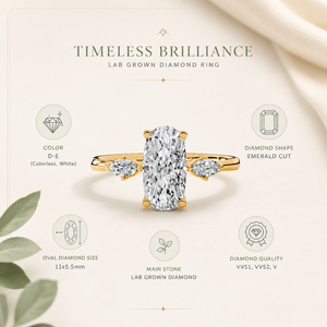 Bague de fiançailles ovale allongée en diamant de laboratoire, or 18 carats, incolore VVS, grande pierre centrale 11x5.5mm, accents marquise, IGI - Product Image 5