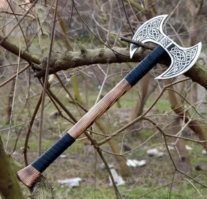 MS Enterprises Double Blade <b>Axe</b> Forged Steel Head Wood Handle Handmade Etched Design DIY Grade - Product Image 2