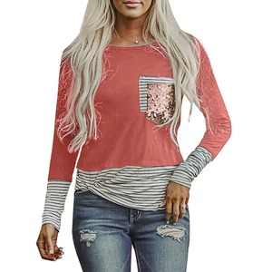 Women Color Block Stripe Long Sleeve T Shirt <b>Sequin</b> Pocket Round Neck Casual Loose Fall Pullover <b>Top</b> - Product Image 2