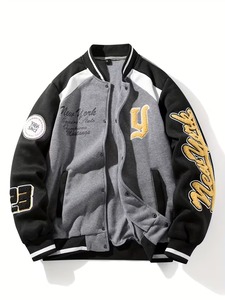 Customized Premium Quality 100% Cotton Men's Gray Black Varsity <b>Jacket</b> With Embroidered Logo And Patches Regular Fit OEM - Product Image 1