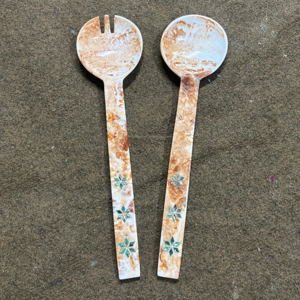 Marble look multi swirl epoxy resin long size <b>salad</b> server with shell inlaid handle Long handle full resin <b>salad</b> server set - Product Image 1