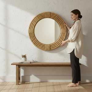 Miroir décoratif vintage avec cadre en corde, miroir suspendu fait main en corde de bambou pour les espaces modernes et bohèmes - Product Image 2