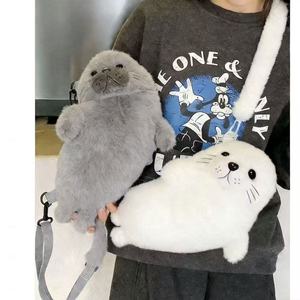 Cute Vintage Lady <b>Plush</b> Seal Crossbody Bag Faux Fur Zip Single Shoulder Cartoon Design Portable Daily Use All Gray White 7 Inch - Product Image 1