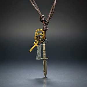 Fashion Pendant <b>Necklace</b> Knight Silver <b>Sword</b> 2.5-Inch Pure Stainless Steel with Adjustable Leather Rope for Men & Boys - Product Image 2