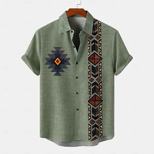 Premium Men Casual Button <b>Down</b> T- Shirt Ethnic Tribal Print Linen Fashion Hawaiian Breathable Cotton Loose Fit Vintage Retro - Product Image 3