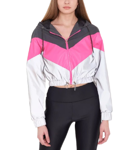 Veste coupe-vent à capuche pour femme, à blocs de couleur, manches longues, en nylon réfléchissant, pour l'extérieur - Product Image 3