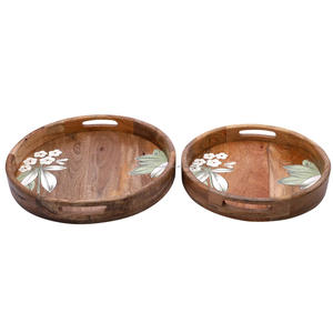 Plateau rond en bois avec motif imprimé de fleurs Plateau de service en bois fait main avec poignée Plateau de cuisine décoratif en bois massif - Product Image 1