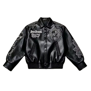 Chaqueta Bomber de Cuero Genuino Premium Negra para Hombre, Diseño con Parches Bordados, Cuello Camisero, Estilo Motero, para Otoño - Product Image 1