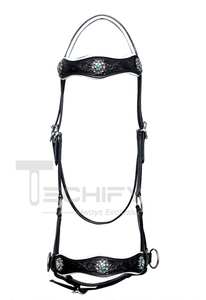 Bridon anglais en cuir sans mors avec conchos turquoise et broderies personnalisables, durable pour accessoires d'équitation - Product Image 4