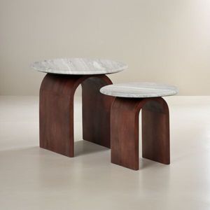 <b>Space</b> <b>Saving</b> Nesting Table <b>Set</b> with Grey Vein Marble Top and Walnut Tone Curved Wood Legs - Product Image 1