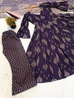 Ensemble Anarkali 3 pièces imprimé violet tendance de luxe, style indien pakistanais, grande taille, robe longue, pour l'hiver et l'été