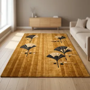 Tapis rectangulaire moderne abstrait en peluche tuftée avec dos antidérapant en caoutchouc pour salon, motif or et noir - Product Image 2