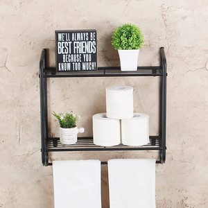 Handmade Black Metal Wall Mounted Bathroom Shelf with Towel Bar 2 Tier Storage Rack <b>Rustic</b> Industrial Organizer for Bathroom Kit - Product Image 1