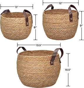 Paniers de rangement ronds en osier tressé avec poignées en cuir, lot de 3, paniers décoratifs en corde tressée naturelle - Product Image 5