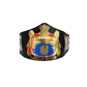 Ceinture de champion de lutte féminine en plaqué or avec centre bleu et drapeaux internationaux, sangle noire, objet de collection - Product Image 1