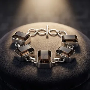 Smoky Quartz 925 Sterling Silver <b>Bracelet</b> | Emerald Cut Gemstone Link <b>Bracelet</b> | Handmade Statement Jewelry | Gift for Women - Product Image 2