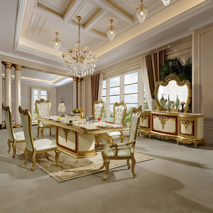 Juego de Comedor de Lujo Europeo Clásico de 10 Piezas, Tallado a Mano en Madera, Color Oro Champán Antiguo, Rectangular, para Comedor u Hotel - Product Image 1