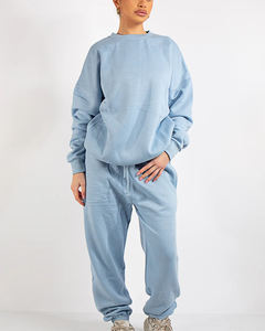 Ensemble de survêtement en molleton bleu clair 2 pièces pour femme grande taille, col rond, manches longues, coupe ample, imprimé lettres, poches, tenue décontractée - Product Image 3