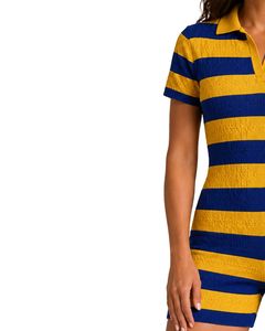 Yellow And Royal Blue Striped Knit Romper Women Short Sleeve Polo Collar Cotton Summer Casual Playsuit One Piece Custom Design - Product Image 3
