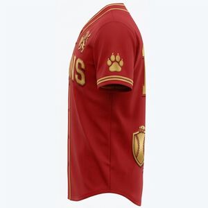 Premium Quality Lions Baseball Jersey Men's <b>Red</b> Gold Embroidered Team Name Short Sleeve Mesh Breathable Button Front Apparels - Product Image 2