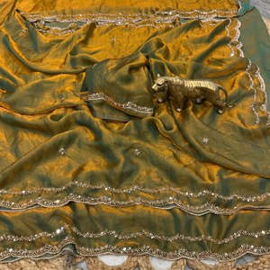 Fandy <b>Satin</b> Silk <b>Saree</b> with Original Rose Gold Beads Work Cutwork Border Designer Party Wear <b>Saree</b> with Heavy Worked Blouse - Product Image 4