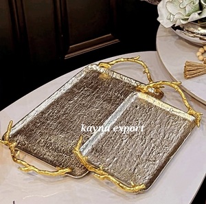 Fancy Luxury Decorative round Aluminum Metal <b>Tray</b> <b>Gold</b> Plated Leaf Handle Handmade Food <b>Serving</b> Dish <b>Tray</b> for Party Use - Product Image 2