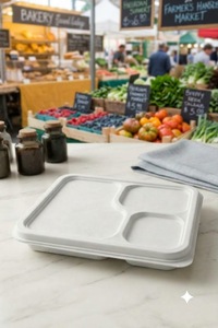 Barquette repas compartimentée 3CP compostable en fibre de bagasse naturelle blanche pour usage en restauration - Product Image 3