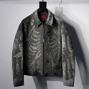 Men's <b>Gothic</b> Printed Wool Blend Bomber <b>Jacket</b> With Skeleton Pattern Zip Front Turn-down Collar Regular Fit Autumn Wear - Product Image 1