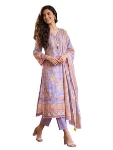 Women's 3-Piece <b>Linen</b> Floral Printed Long <b>Top</b> & Pant Set with Dupatta | Complete Set - Product Image 1