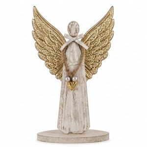Figurine d'ange en bois avec ailes dorées et ornement en forme de cœur perlé, décoration de table rustique faite à la main pour le salon de Noël - Product Image 1