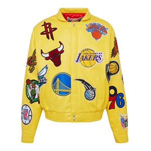 เสื้อแจ็คเก็ตหนังวีแกนแบบคอลลาจ สีเหลือง - Product Image 1
