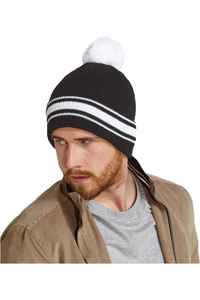 Men's <b>Navy</b> Blue Striped Beanie <b>Hat</b> with White Pom Pom Casual Winter Cap 100% Acrylic Knitted for Adults 56-58CM - Product Image 2