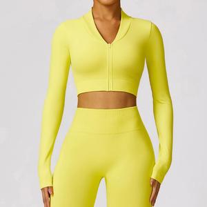 Haut de yoga court à manches longues et col montant zippé pour femme, respirant, violet uni, veste active - Product Image 2