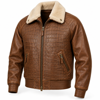 Blouson Bomber Premium en Cuir Marron Motif Croco Vintage pour Homme avec Col Sherpa Chaud, Fermeture Éclair Intégrale, Poignets Côtelés et Poches Latérales Zippées à la Taille