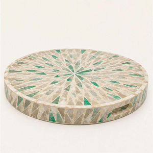 Handcrafted round mother-of-pearl inlaid decorative <b>tray</b>, shell-inlaid platter, coffee table <b>tray</b>, home decor <b>tray</b> with handles - Product Image 2