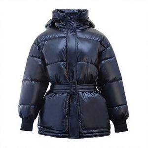 Shined-Black Black Hooded Puffer Jacket With Belt Stand-Collar Down-Filled Winter <b>Coat</b> Casual Loose-Fit Unisex-Regular Length - Product Image 1