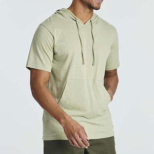เสื้อยืดมีฮู้ดแขนสั้นผ้าฝ้ายน้ำหนักเบาสำหรับผู้ชาย เสื้อยืดมีฮู้ดลำลองพร้อมเชือกปรับได้ กระเป๋าหน้าใส่ของได้ สวมใส่สบาย - Product Image 2