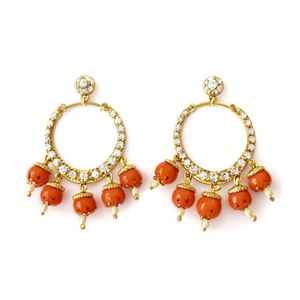 Gold Plated Alloy Wedding Drop Earrings with Orange Pearls and Kundan Stone - Product Image 2