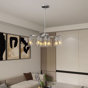 Lampadario Moderno a 9 Luci Stile Industriale Rustico per Sala da Pranzo, Altezza Regolabile, in Nichel Spazzolato e Vetro, per Sospensione Sopra Tavolo - Product Image 3