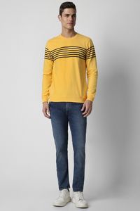 Sudadera de Cuello Redondo Amarilla para Hombre, Sudadera de Punto a Rayas, Corte Regular, Informal, para Otoño, con Bolsillo Lateral - Product Image 4