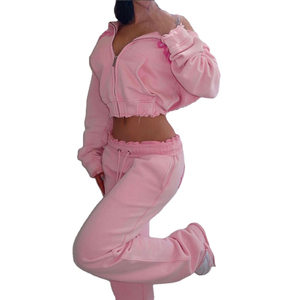 Popular Design Custom made <b>Pink</b> Distressed Zip Hoodie Women <b>Tracksuits</b> Workout Joggers Sets Women Two Piece Women's sets - Product Image 3