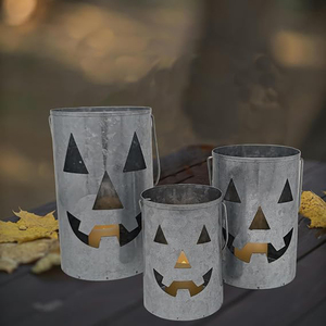 Set of 3 Rustic Galvanized Metal <b>Lantern</b> Pumpkin Decorative Halloween Votive Candle Holder <b>Lanterns</b> Indoor Outdoor Decoration - Product Image 2