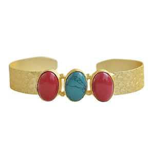 Gold Plated Cuff <b>Bracelet</b> With Coral and Turquoise Oval Stones Bohemia Style Unisex Jewelry Imitation stones - Product Image 1