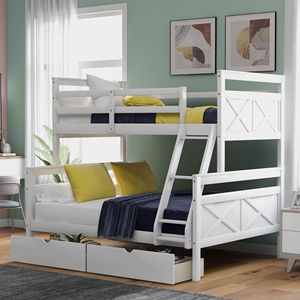 Letto a Castello Bianco con Letto Singolo Sopra e Letto Matrimoniale, con Scala e Ringhiera di Sicurezza, Due Cassetti Portaoggetti per Bambini - Product Image 1