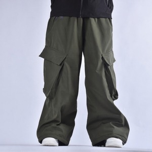 High Quality Plus Size Dark Olive Waterproof Windproof Baggy Snow Pants Cargo Pockets Drawstring Waist Warm Lining Adjustable - Product Image 1