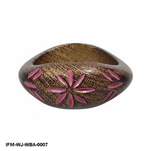 Handcrafted Wooden <b>Bangle</b> <b>Bracelet</b> Antique Brown Finish with Pink Floral Carvings Chunky Boho Statement Jewelry for Women - Product Image 1
