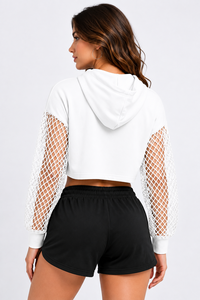 SALSTAR Sweat-shirt court à capuche pour femme, blanc, à manches lanternes en maille, décontracté, d'été, respirant, tricoté - Product Image 2