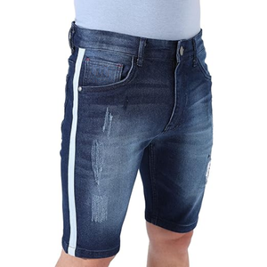 Shorts de Mezclilla para Hombre, Color Azul Medio, con Rayas Laterales, Desgastados, Corte Ajustado, Elásticos, de Algodón Resistente - Product Image 4